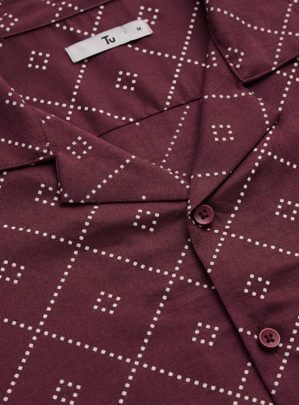 Dark Red Geo Print Slub Revere Neck Shirt M - Image 4